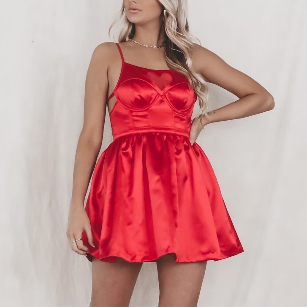 NWT For Love & Lemons Heart Red Lauren Mini Dress Bustier Satin Sz M